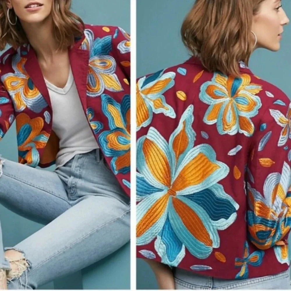 Anthropologie Woodstock Boho Cropped Embroidered Floral Blazer sz XS - Picture 3 of 11